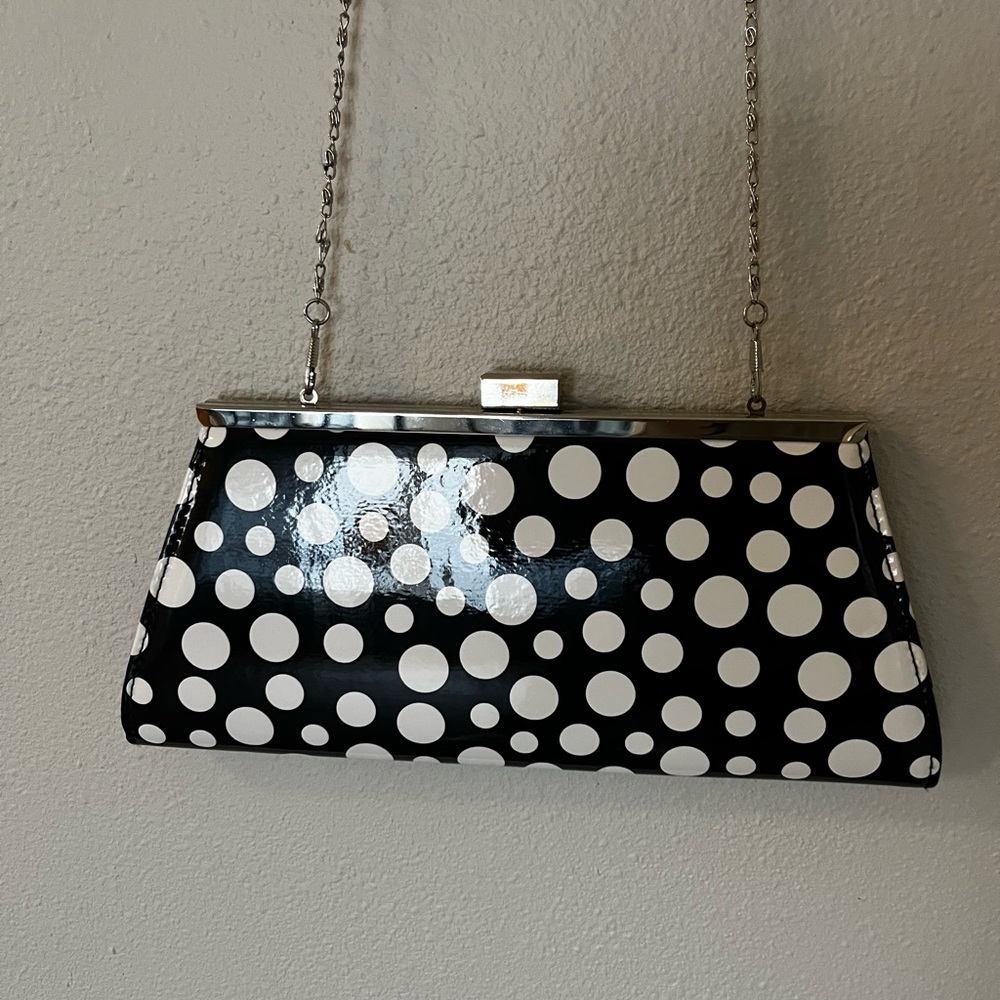 Neiman Marcus patent leather crossbody. Black with white polka dots